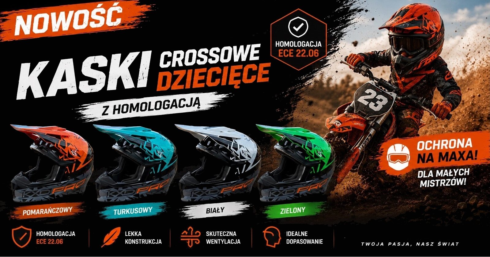 Kaski crossowe dla dzieci z homologacją ECE 22.06 - cztery kolory